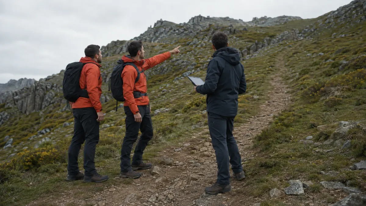 Equipo de búsqueda y rescate analiza una ruta en terreno montañoso.