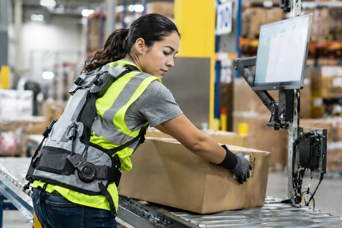 Personal operativo de almacén logístico con exoesqueleto lumbar durante manipulación de carga, ilustrando la prevención de trastornos musculoesqueléticos en entornos industriales