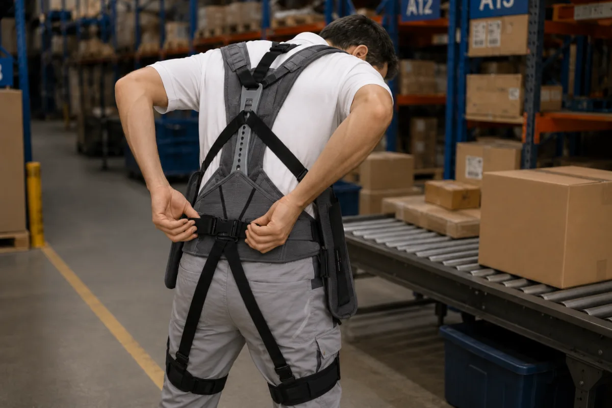 Trabajador industrial ajustándose un exoesqueleto ocupacional antes de iniciar una tarea en un entorno de producción