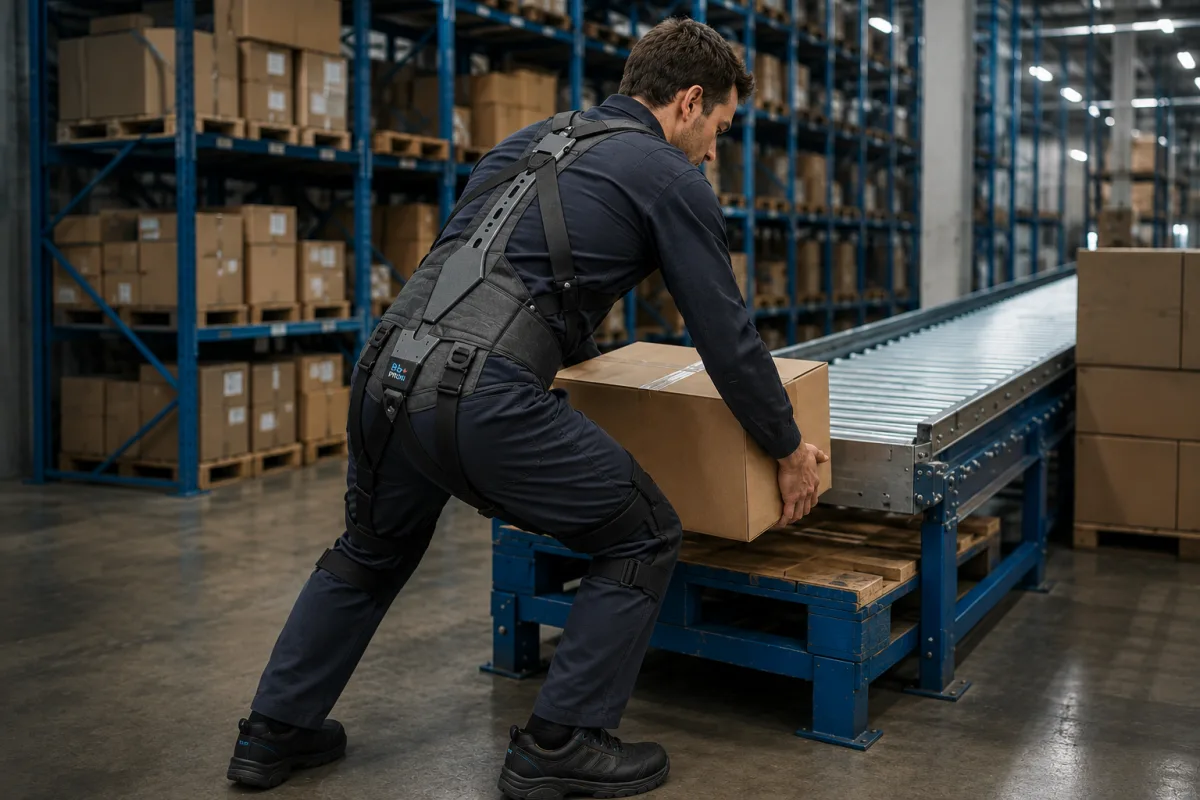 Trabajador industrial utilizando un exoesqueleto ocupacional durante una tarea de manipulación y validación ergonómica en entorno de producción