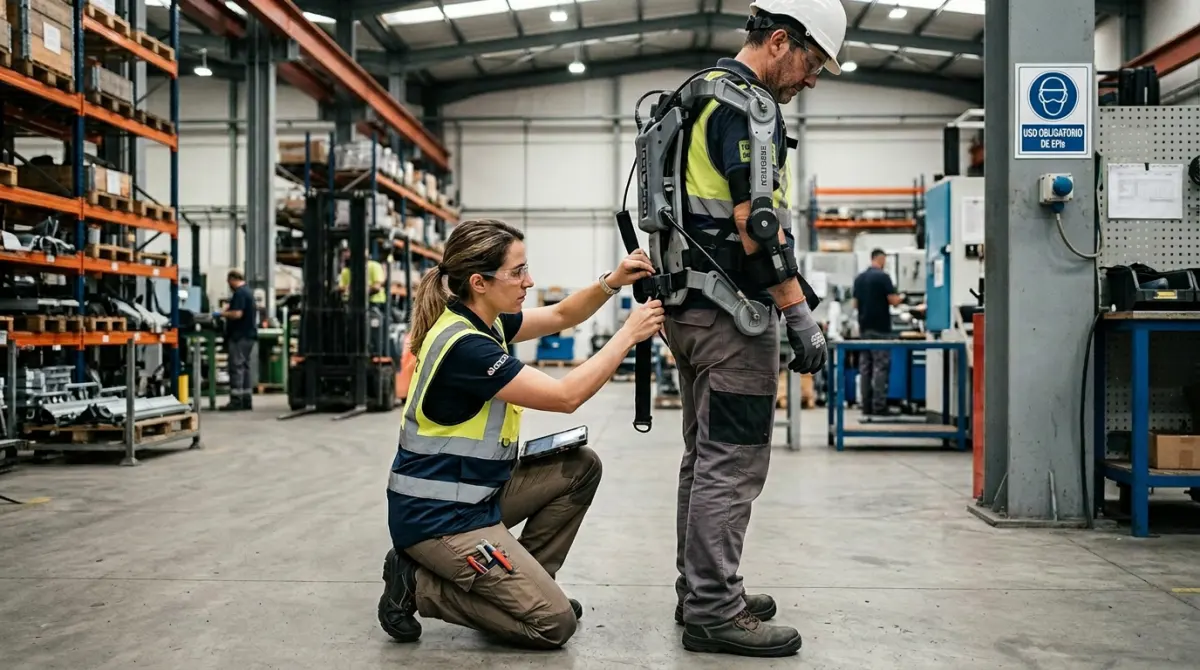 Especialista ajustando un exoesqueleto ocupacional a un trabajador en un entorno industrial para evaluar su compatibilidad ergonómica y operativa