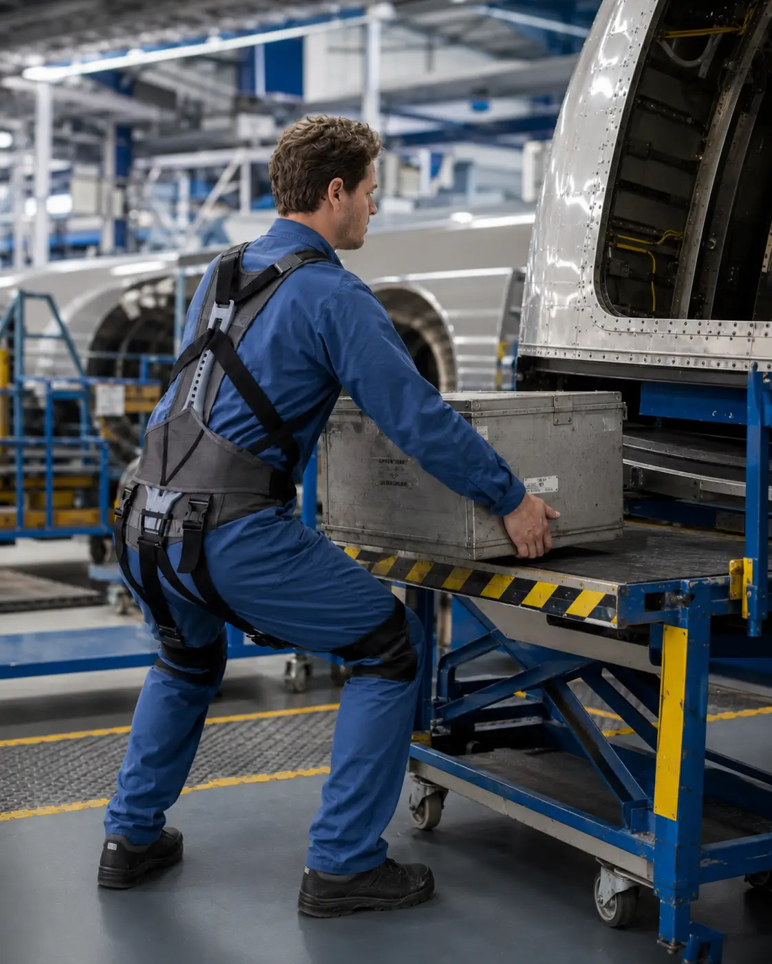 Trabajador utilizando un exoesqueleto ocupacional durante una tarea industrial real para reducir la sobrecarga física