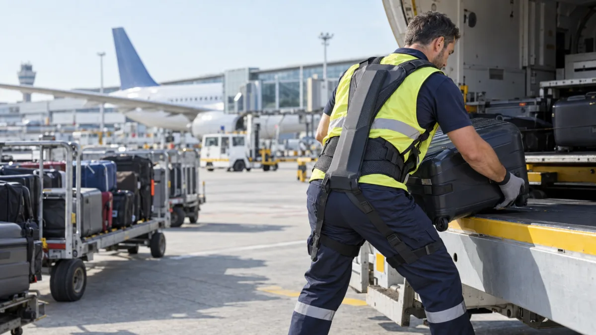 Trabajador de equipaje con exoesqueleto pasivo en operaciones aeroportuarias