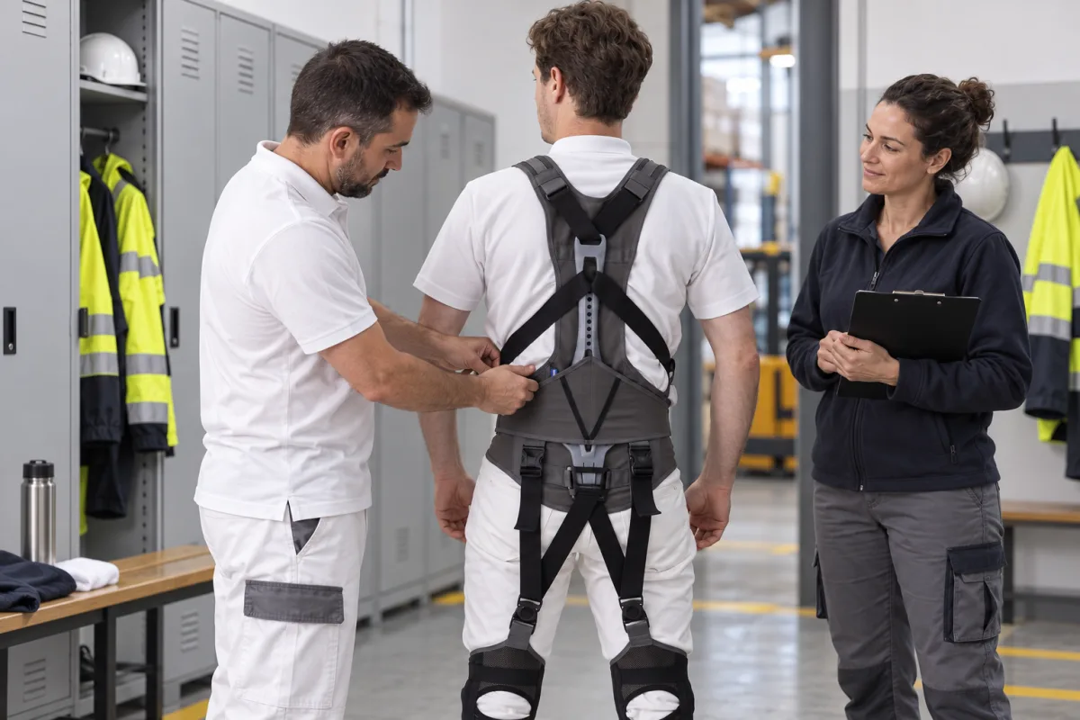 Dos trabajadores ajustan un exoesqueleto lumbar similar al Bb PRO III mientras una técnica de prevención observa el proceso.